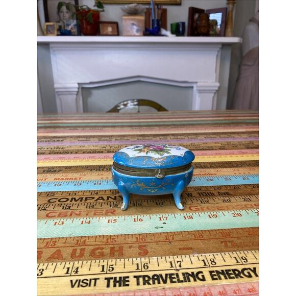 Vintage Norleans Trinket Box Blue Gold Foral Footed 1950's Japan Hinged MCM - Picture 3 of 10